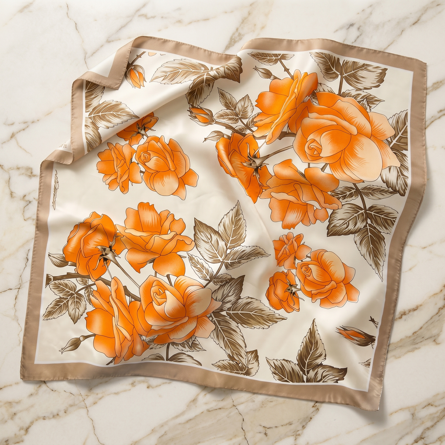 Roselys Paris foulard femme crème orange fleuri carré satiné 70x70 cm