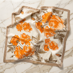 Roselys Paris foulard femme crème orange fleuri carré satiné 70x70 cm