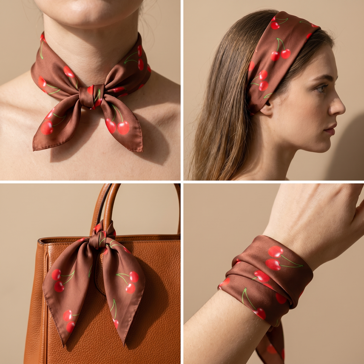 Roselys Paris foulard femme bordeaux crème fleuri carré satiné 70x70 cm, en bandeau dans les cheveux