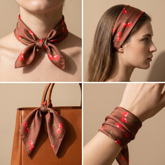 Roselys Paris foulard femme bordeaux crème fleuri carré satiné 70x70 cm, en bandeau dans les cheveux