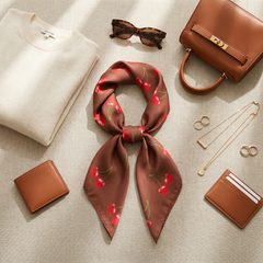 Roselys Paris foulard femme bordeaux crème fleuri carré satiné 70x70 cm, porté au cou
