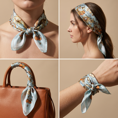 Roselys Paris foulard femme blanc orange paisley carré satiné 70x70 cm, en bandeau dans les cheveux