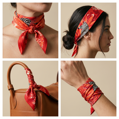 Roselys Paris foulard femme rouge noir animalier carré satiné 70x70 cm, en bandeau dans les cheveux