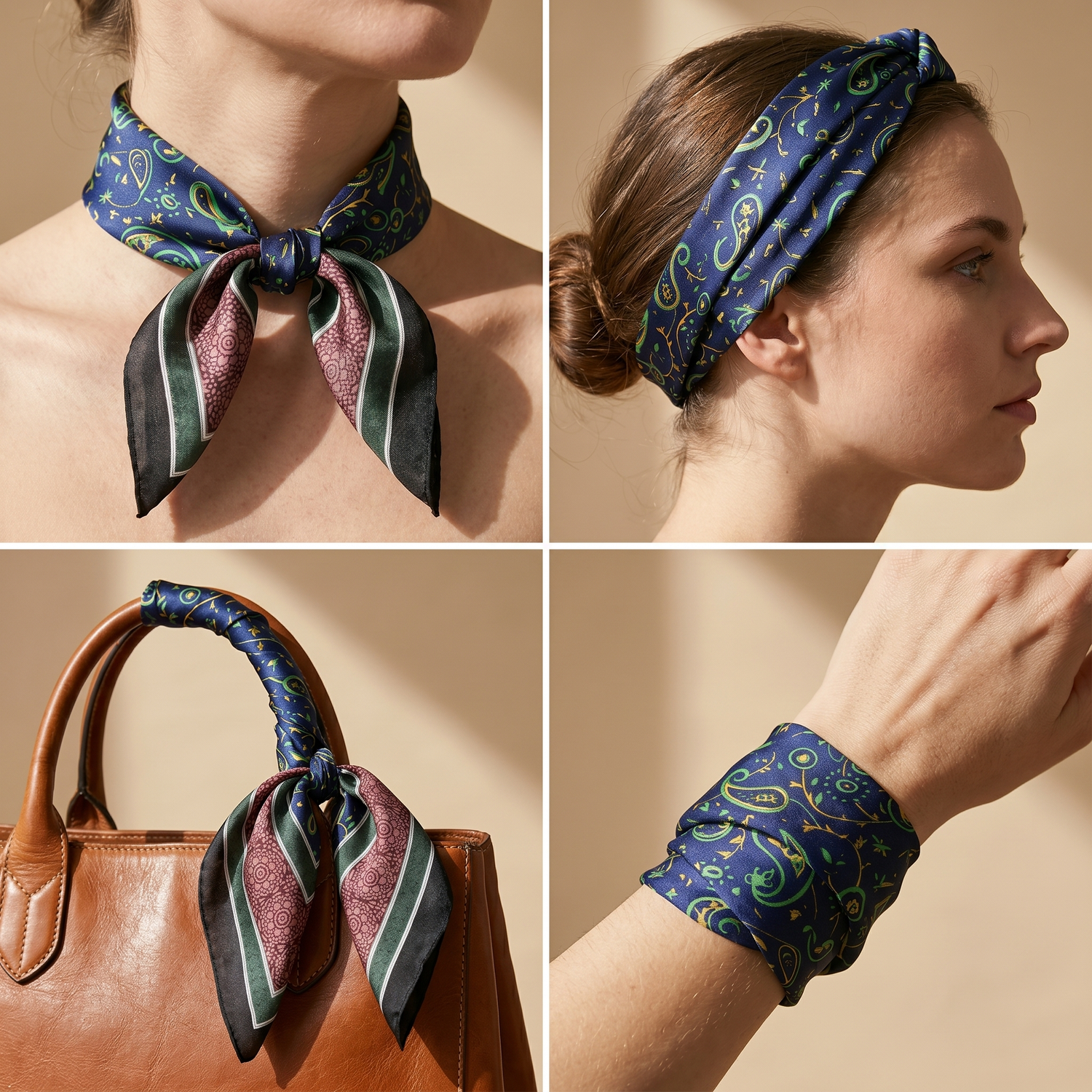 Roselys Paris foulard femme marine rouge paisley carré satiné 70x70 cm, en bandeau dans les cheveux