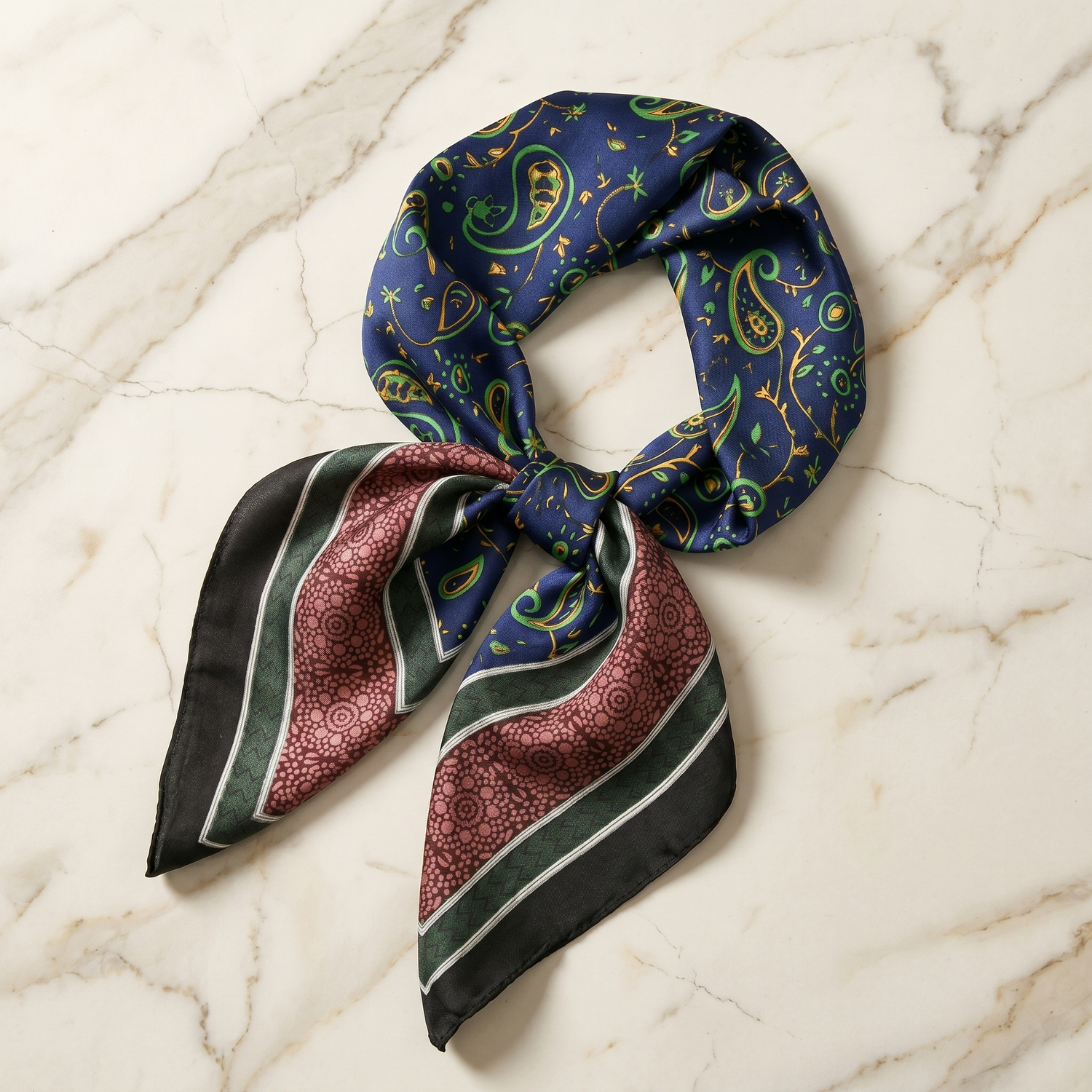 Roselys Paris foulard femme marine rouge paisley carré satiné 70x70 cm