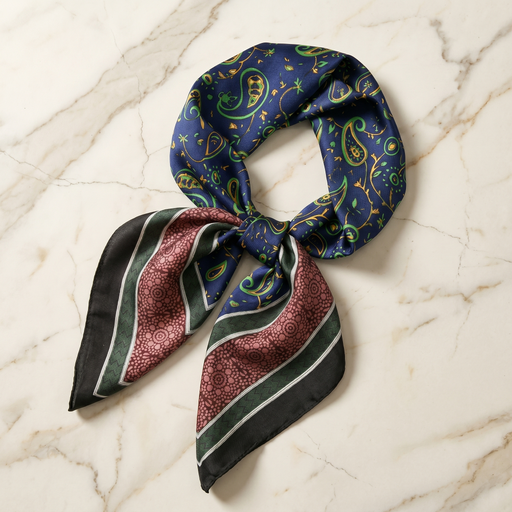 Roselys Paris foulard femme marine rouge paisley carré satiné 70x70 cm