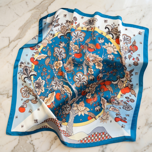 Roselys Paris foulard femme bleu rouge fleuri carré satiné 70x70 cm