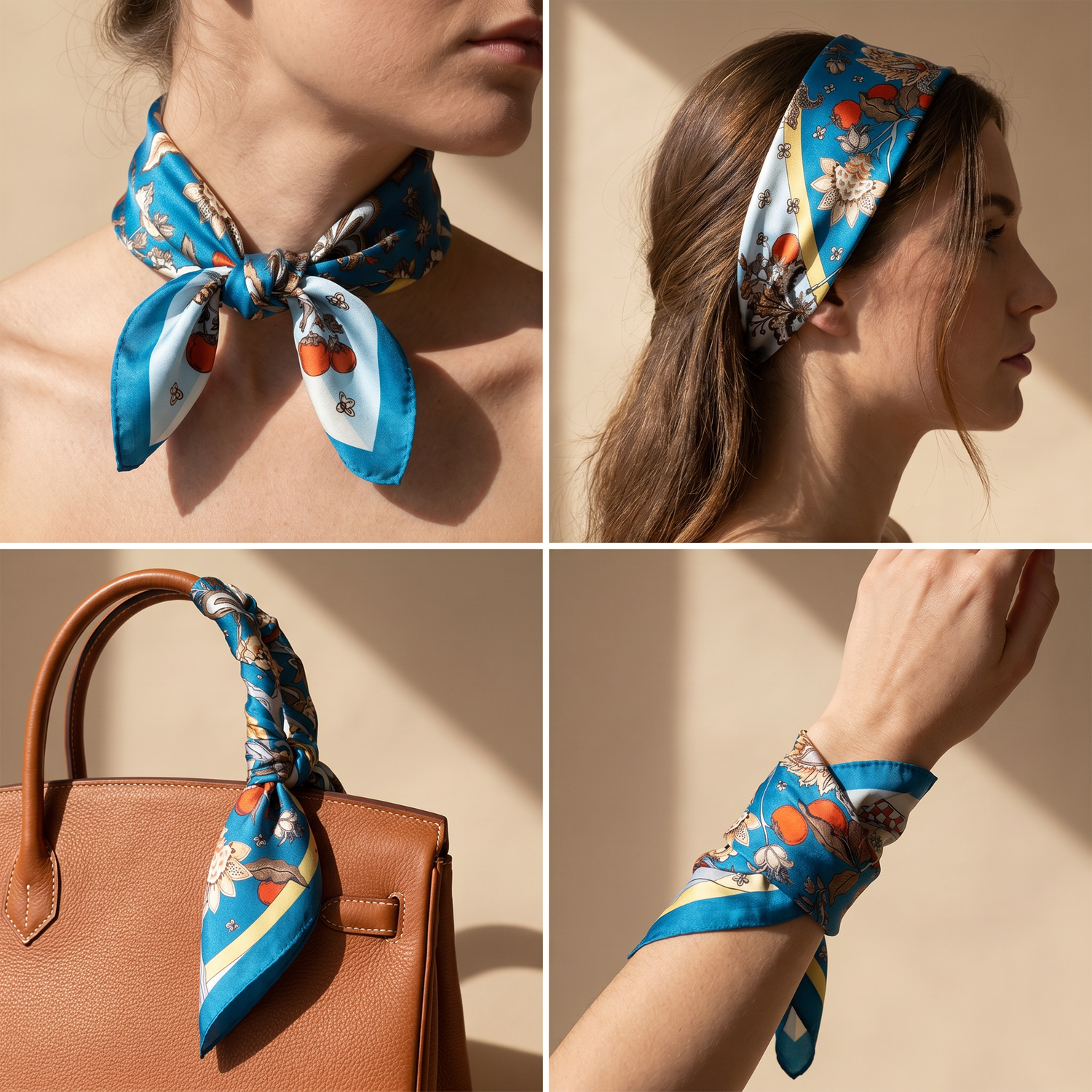 Roselys Paris foulard femme bleu rouge fleuri carré satiné 70x70 cm, en bandeau dans les cheveux