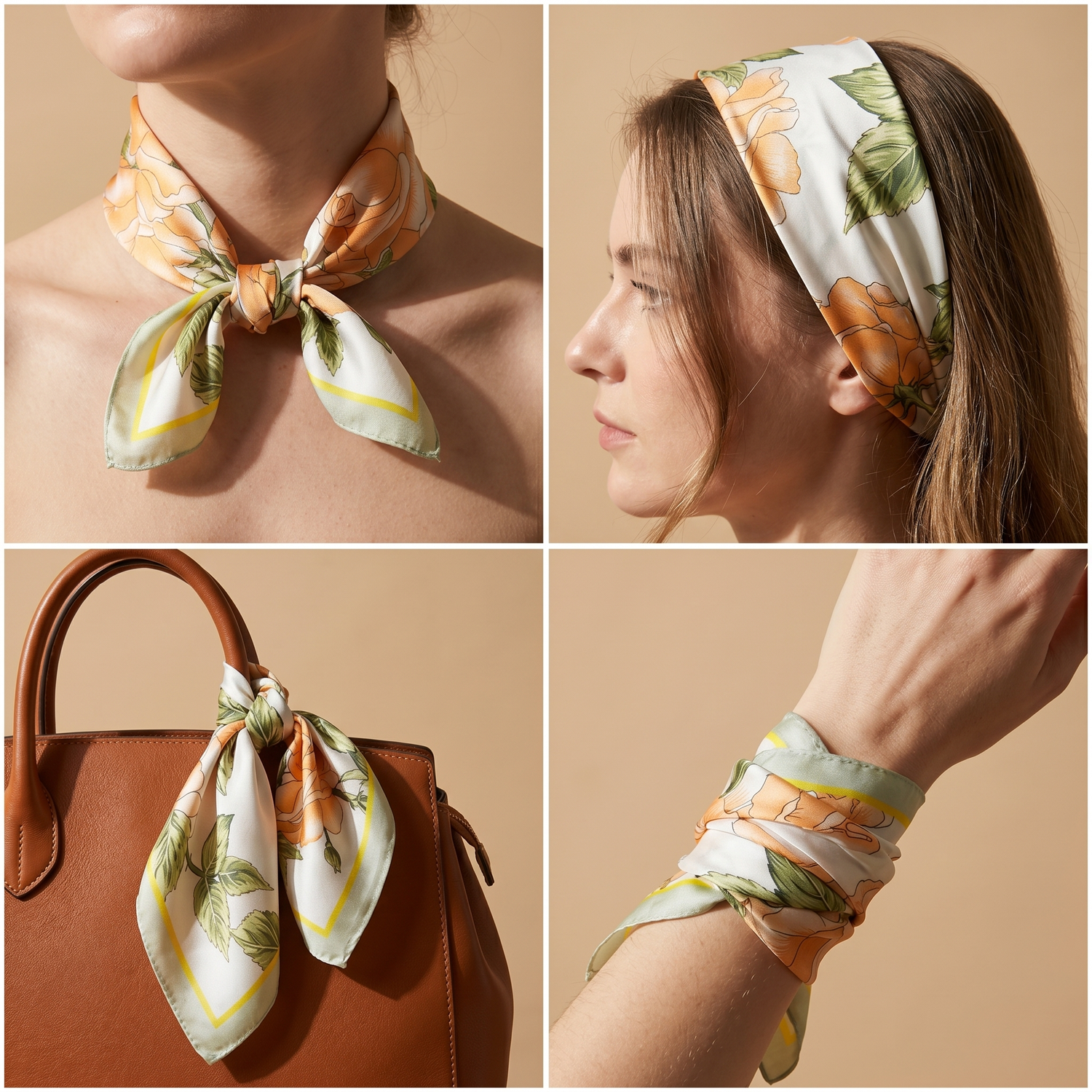 Roselys Paris foulard femme blanc orange fleuri carré satiné 70x70 cm, en bandeau dans les cheveux