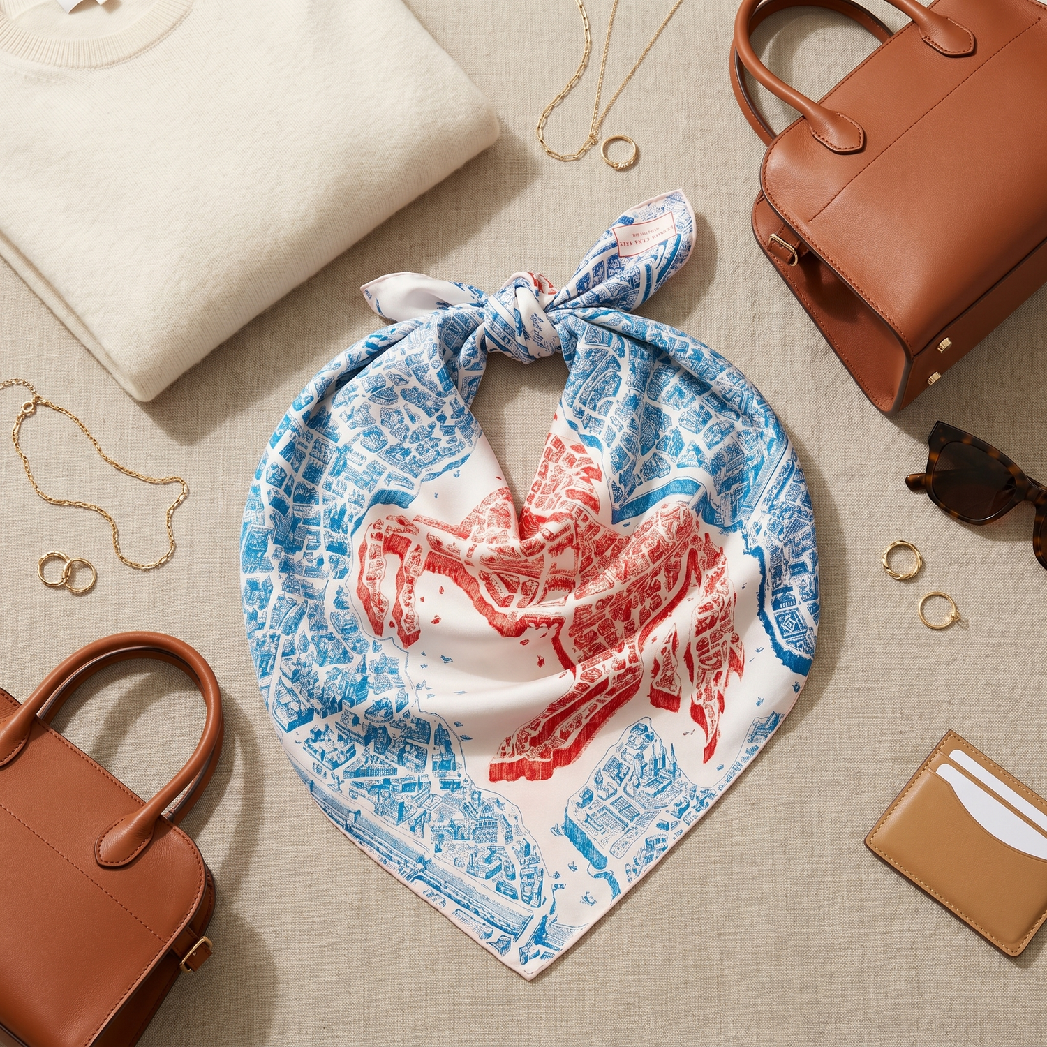 Roselys Paris foulard femme bleu rouge baroque carré satiné 70x70 cm, porté au cou