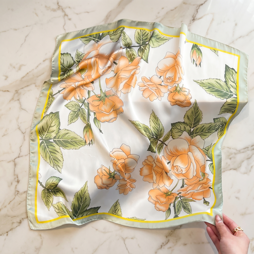 Roselys Paris foulard femme blanc orange fleuri carré satiné 70x70 cm