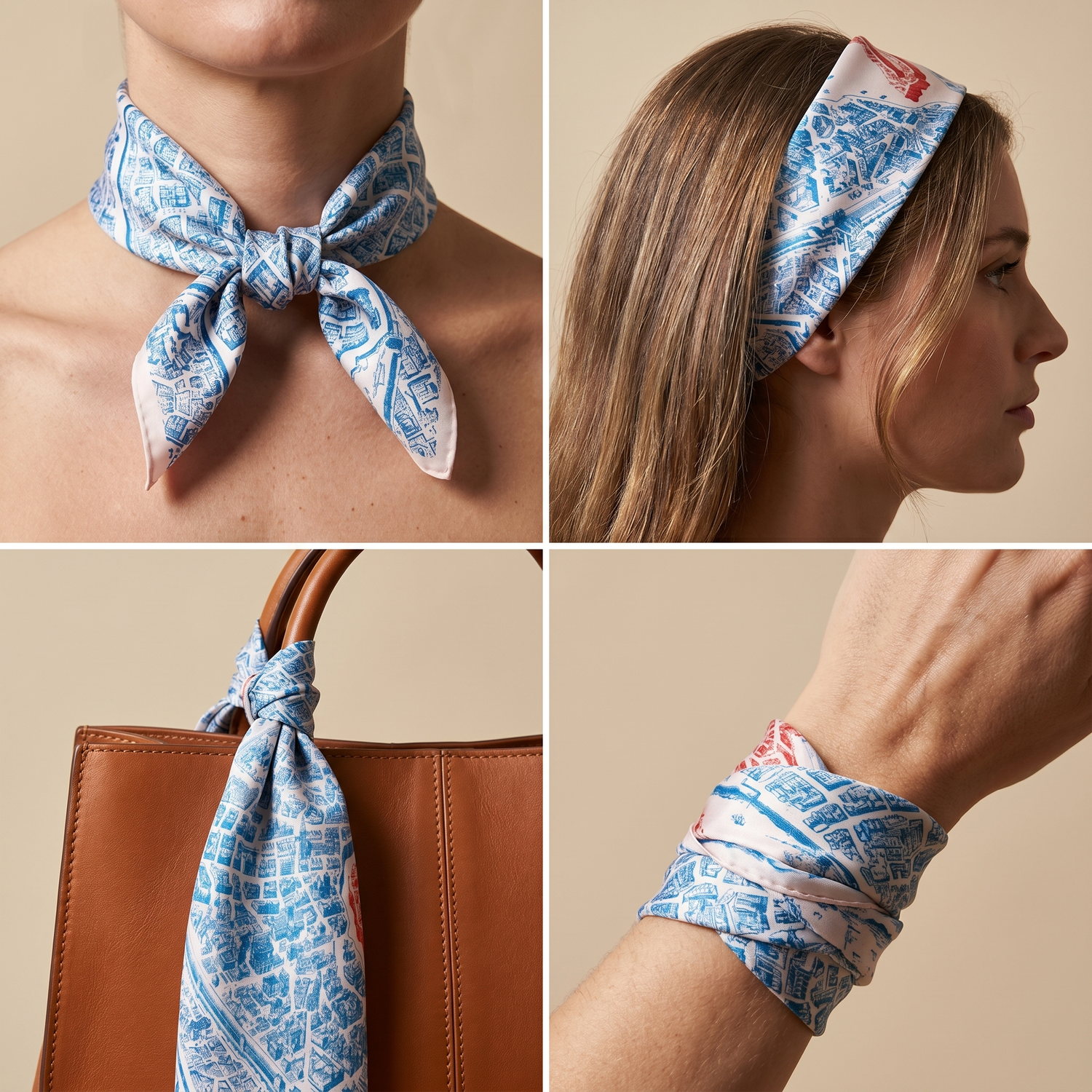 Roselys Paris foulard femme bleu rouge baroque carré satiné 70x70 cm, en bandeau dans les cheveux