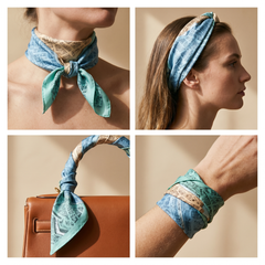 Roselys Paris foulard femme bleu gris baroque carré satiné 70x70 cm, en bandeau dans les cheveux