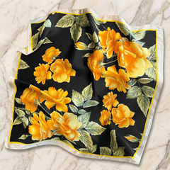 Roselys Paris foulard femme noir jaune fleuri carré satiné 70x70 cm