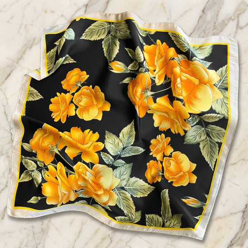Roselys Paris foulard femme noir jaune fleuri carré satiné 70x70 cm