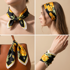 Roselys Paris foulard femme noir jaune fleuri carré satiné 70x70 cm, en bandeau dans les cheveux