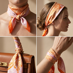 Roselys Paris foulard femme rose orange baroque carré satiné 70x70 cm, en bandeau dans les cheveux