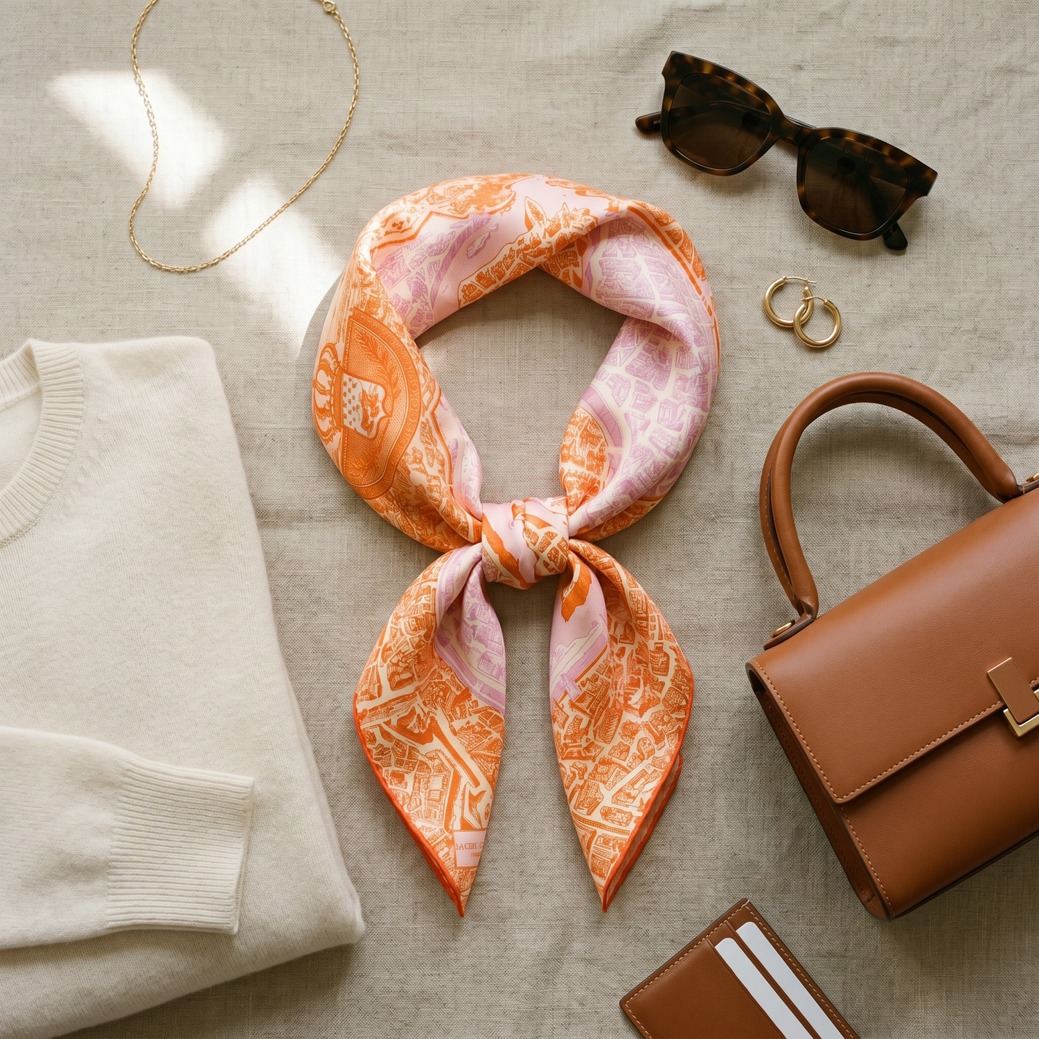 Roselys Paris foulard femme rose orange baroque carré satiné 70x70 cm, porté au cou