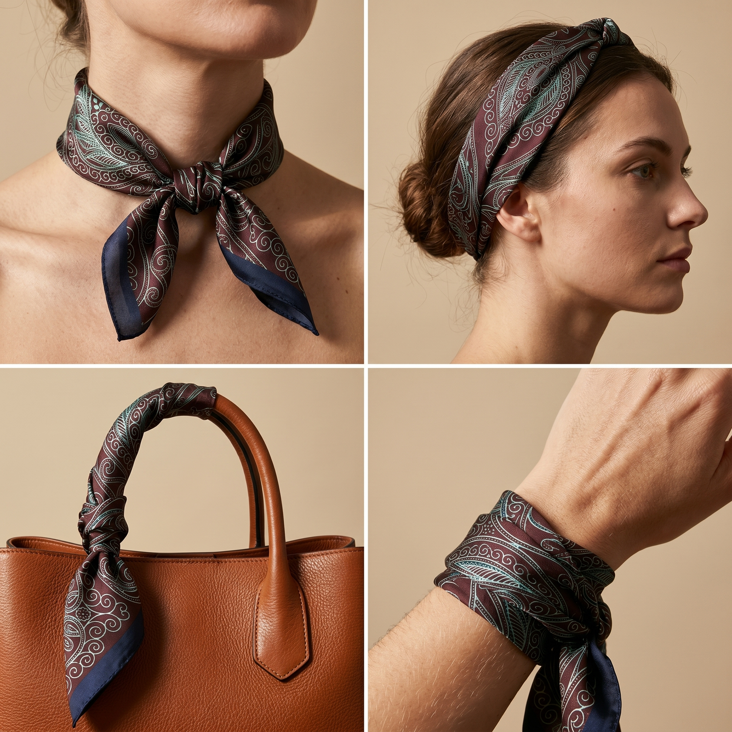 Roselys Paris foulard femme marine noir paisley carré satiné 70x70 cm, en bandeau dans les cheveux