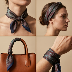 Roselys Paris foulard femme marine noir paisley carré satiné 70x70 cm, en bandeau dans les cheveux