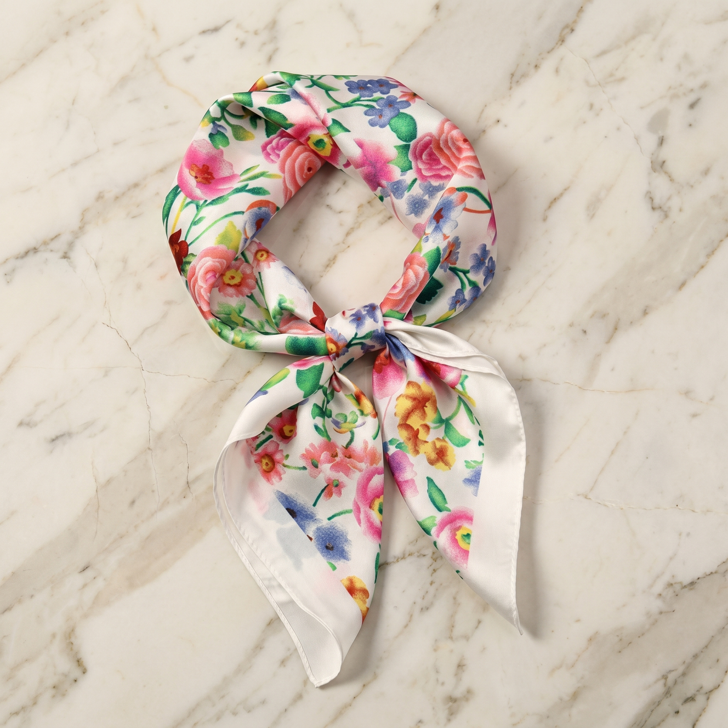 Roselys Paris foulard femme blanc rose fleuri carré satiné 70x70 cm