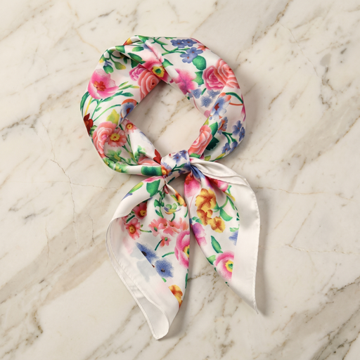 Roselys Paris foulard femme blanc rose fleuri carré satiné 70x70 cm