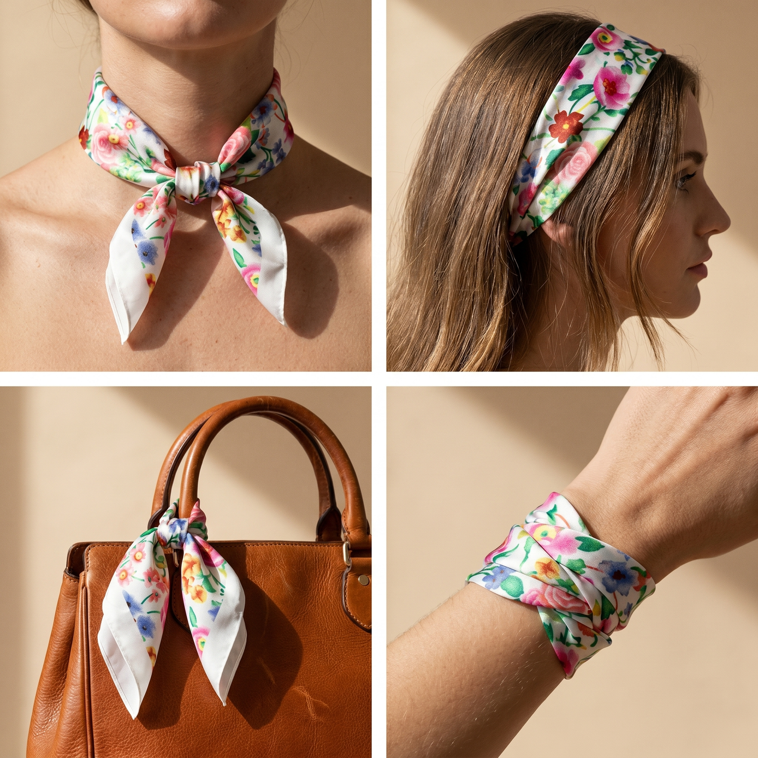 Roselys Paris foulard femme blanc rose fleuri carré satiné 70x70 cm, en bandeau dans les cheveux