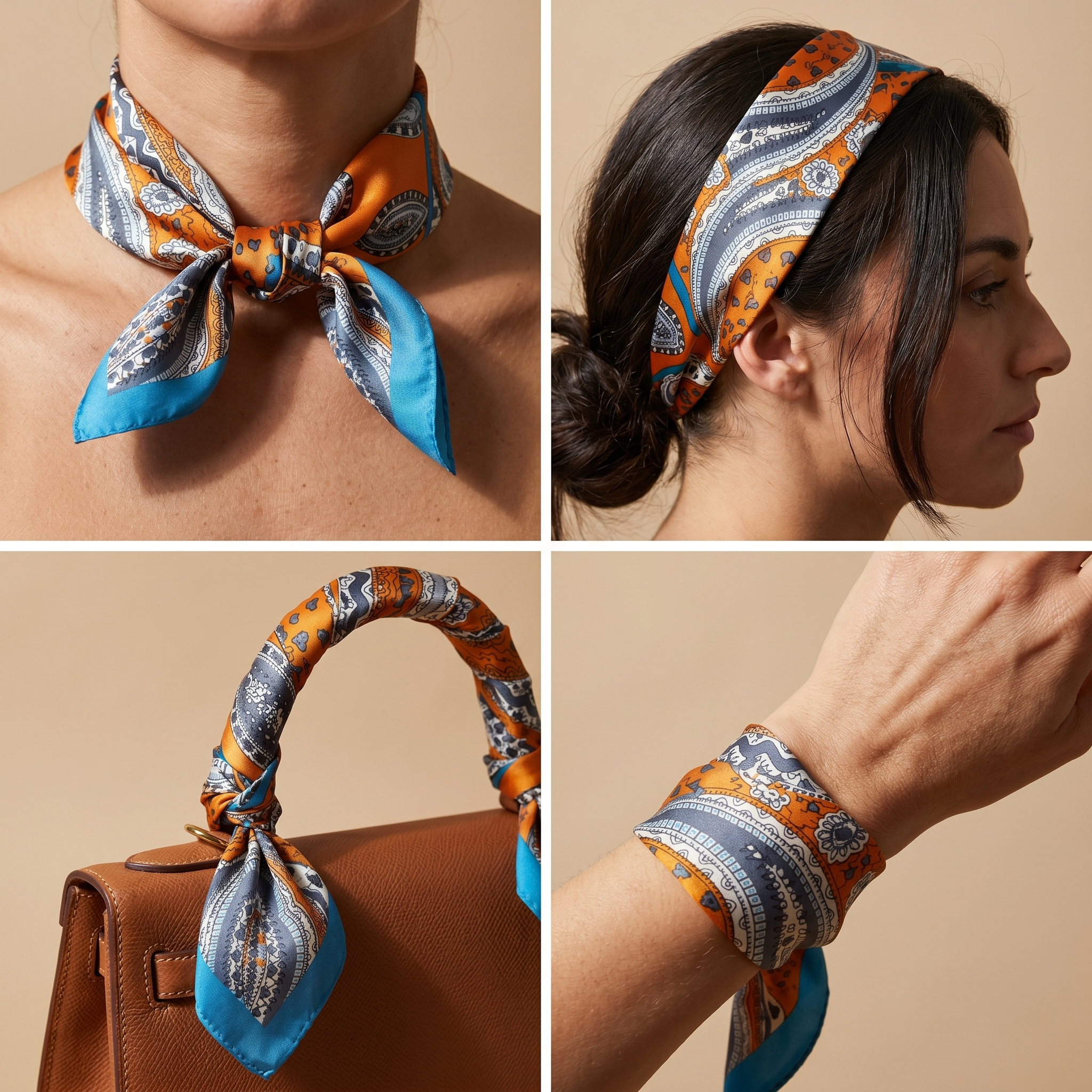 Détail satiné du foulard Baroque orange bleu – Roselys Paris