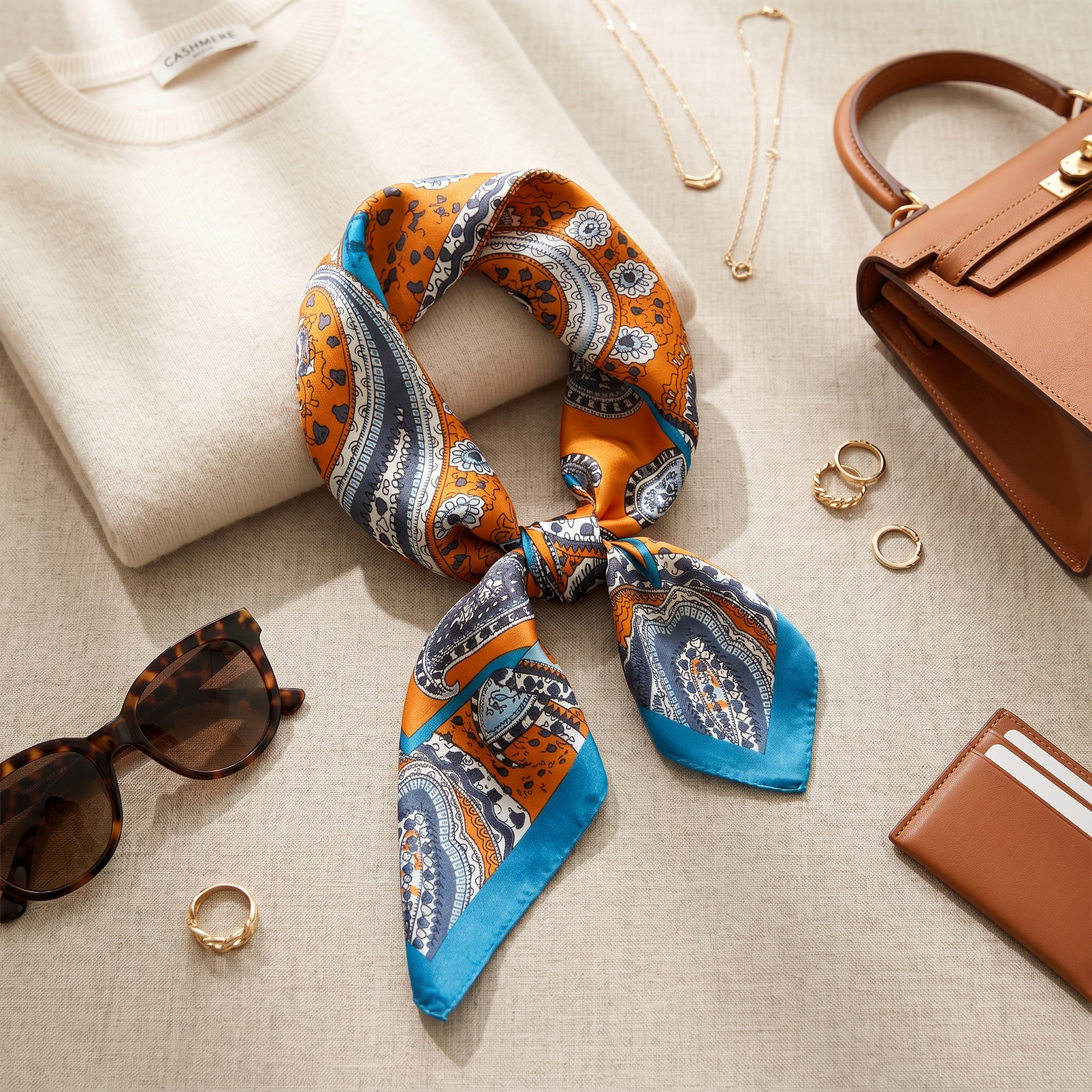 Foulard Baroque orange bleu porté au cou – Roselys Paris