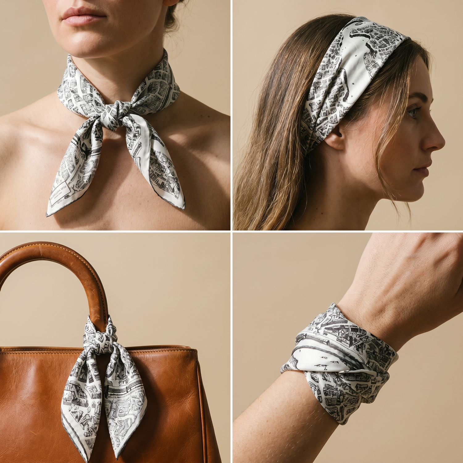 Roselys Paris foulard femme gris blanc baroque carré satiné 70x70 cm, en bandeau dans les cheveux