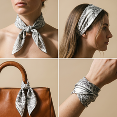 Roselys Paris foulard femme gris blanc baroque carré satiné 70x70 cm, en bandeau dans les cheveux