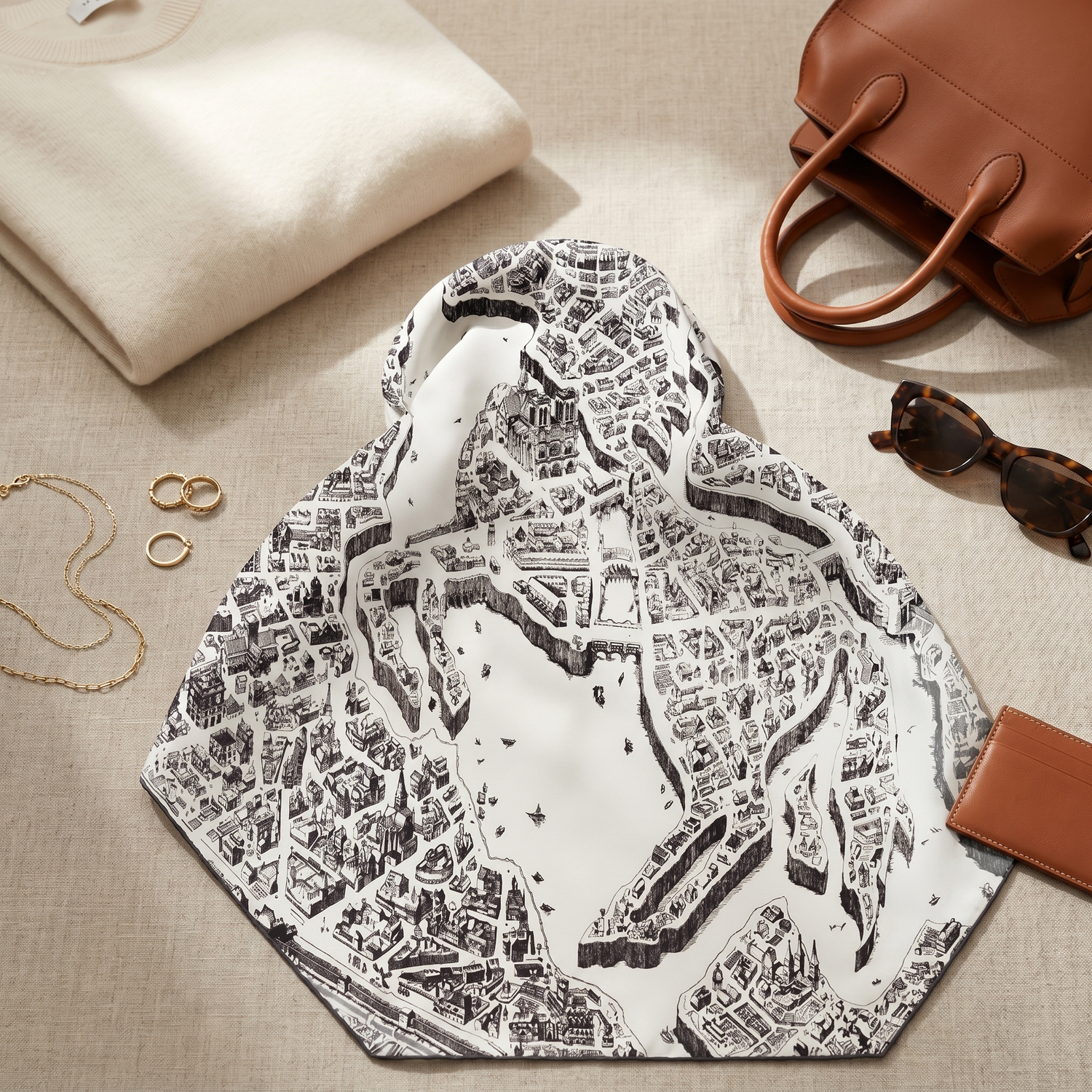 Roselys Paris foulard femme gris blanc baroque carré satiné 70x70 cm, porté au cou