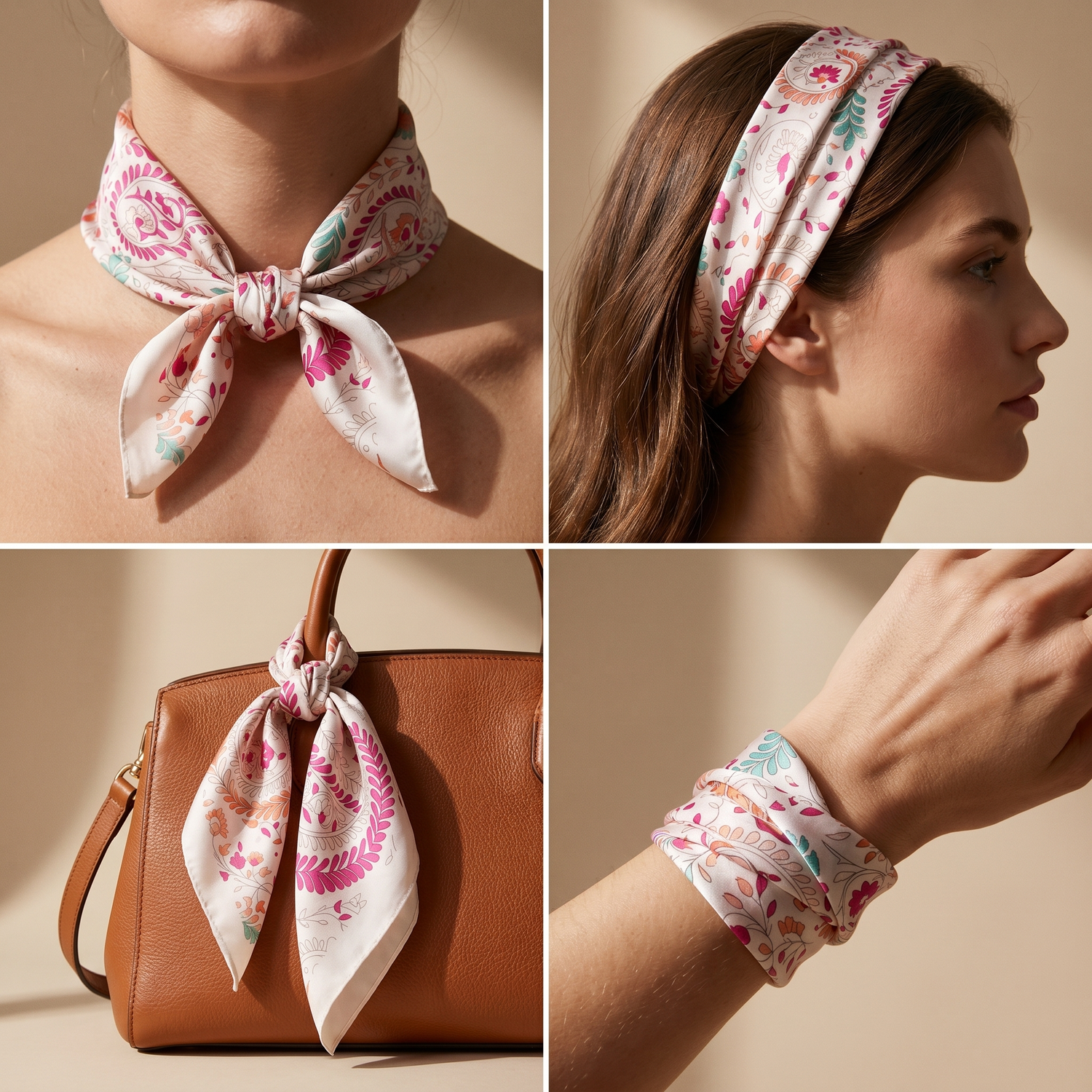 Roselys Paris foulard femme blanc rose fleuri carré satiné 70x70 cm, en bandeau dans les cheveux