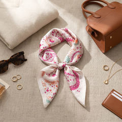 Roselys Paris foulard femme blanc rose fleuri carré satiné 70x70 cm, porté au cou
