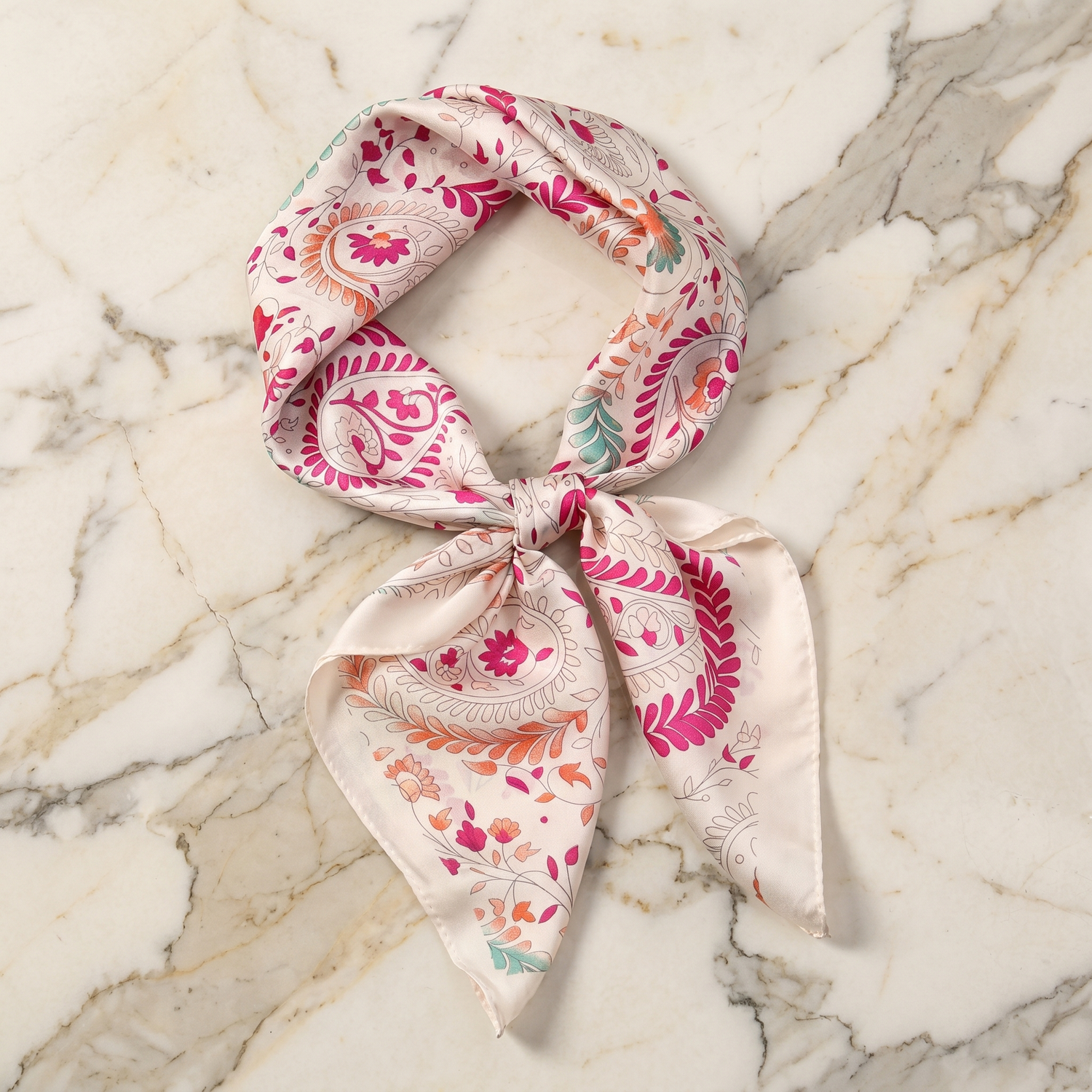 Roselys Paris foulard femme blanc rose fleuri carré satiné 70x70 cm