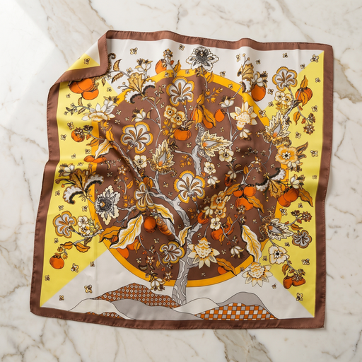 Roselys Paris foulard femme orange doré baroque carré satiné 70x70 cm