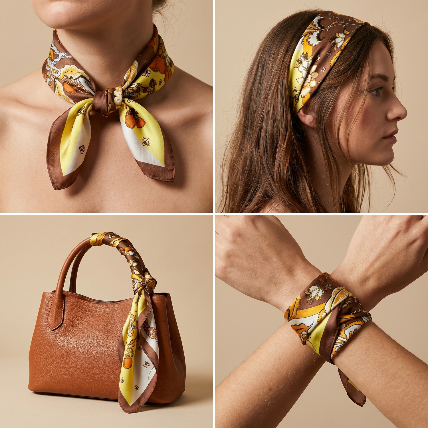 Roselys Paris foulard femme orange doré baroque carré satiné 70x70 cm, en bandeau dans les cheveux
