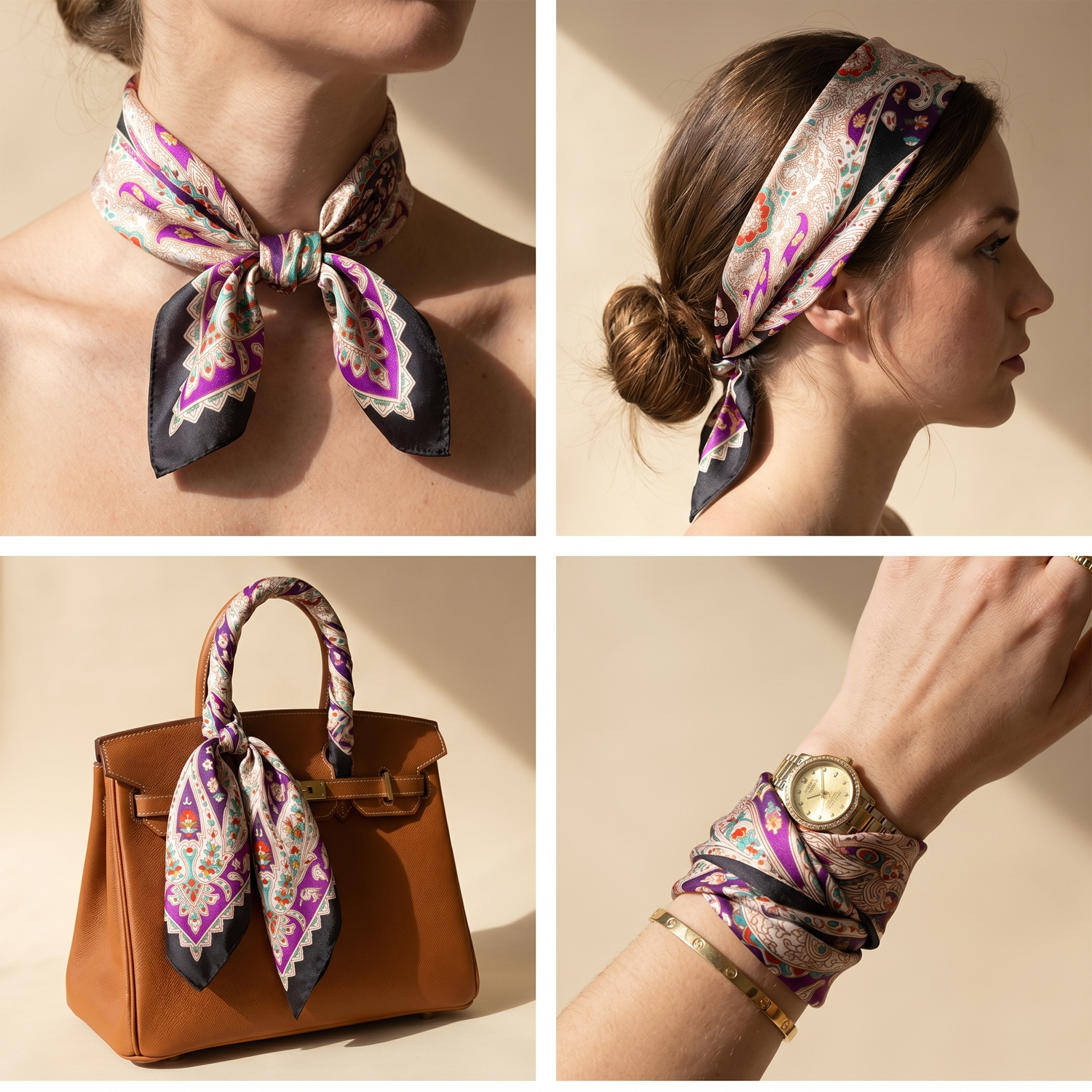 Roselys Paris foulard femme rose violet paisley carré satiné 70x70 cm, en bandeau dans les cheveux