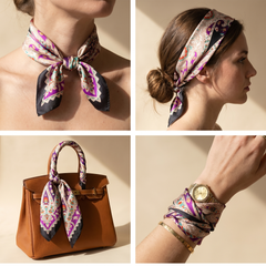 Roselys Paris foulard femme rose violet paisley carré satiné 70x70 cm, en bandeau dans les cheveux