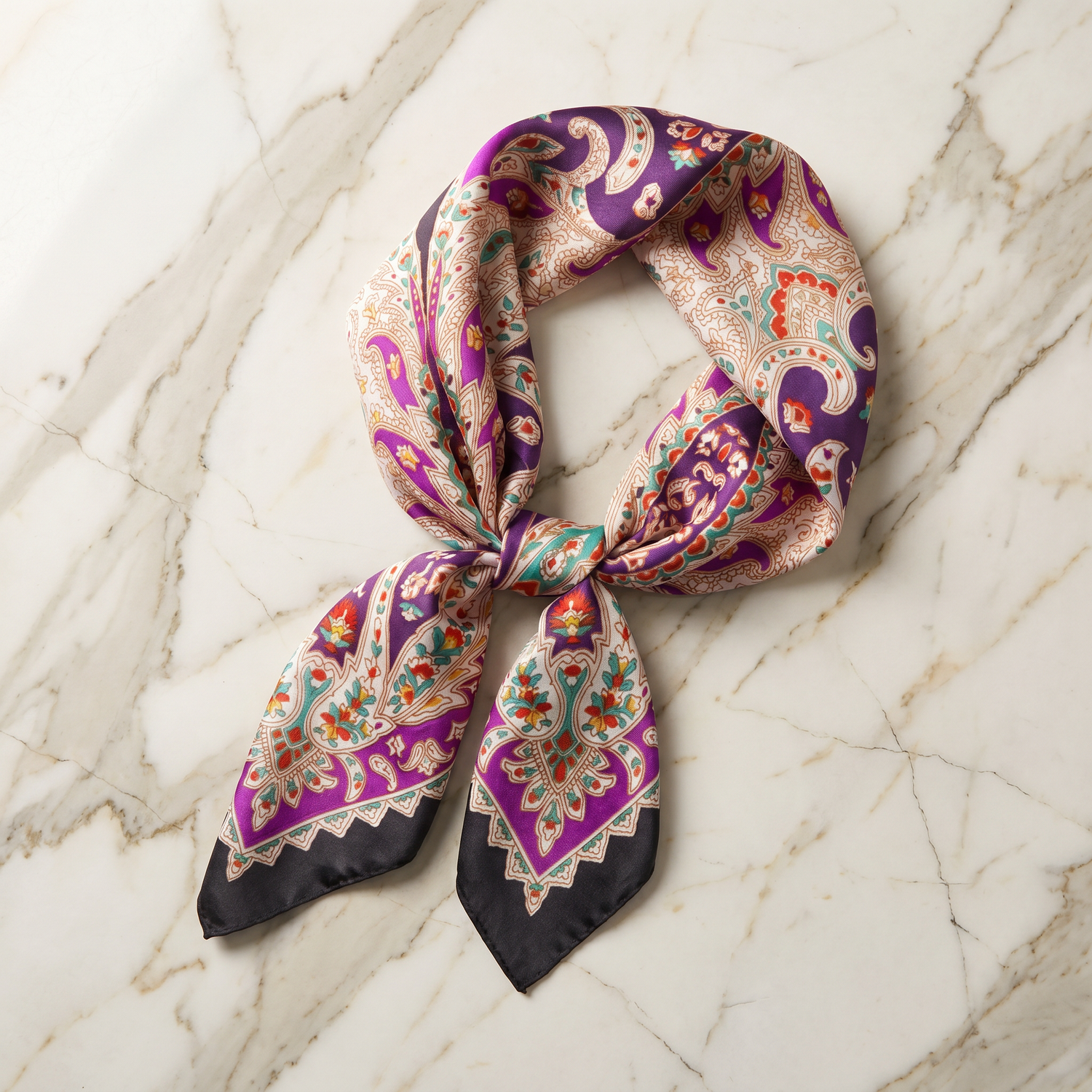 Roselys Paris foulard femme rose violet paisley carré satiné 70x70 cm