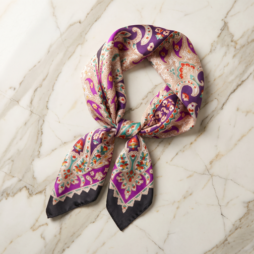 Roselys Paris foulard femme rose violet paisley carré satiné 70x70 cm