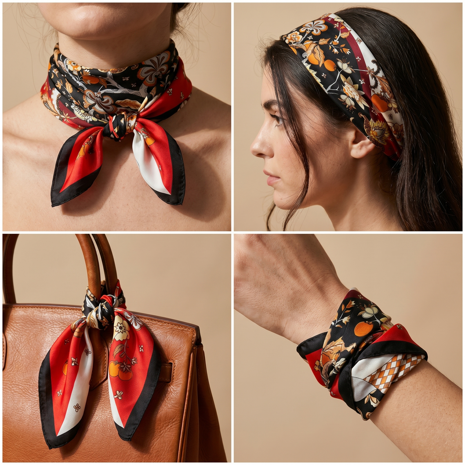 Roselys Paris foulard femme noir orange fleuri carré satiné 70x70 cm, en bandeau dans les cheveux