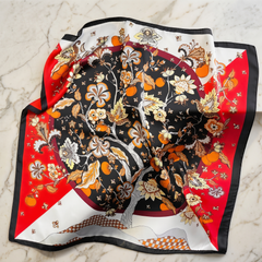 Roselys Paris foulard femme noir orange fleuri carré satiné 70x70 cm