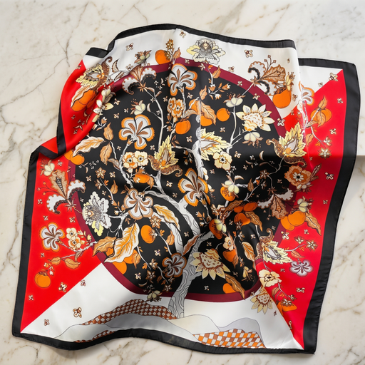 Roselys Paris foulard femme noir orange fleuri carré satiné 70x70 cm