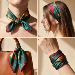 Roselys Paris foulard femme vert rouge fleuri carré satiné 70x70 cm, en bandeau dans les cheveux