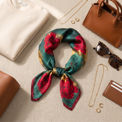 Roselys Paris foulard femme vert rouge fleuri carré satiné 70x70 cm, porté au cou