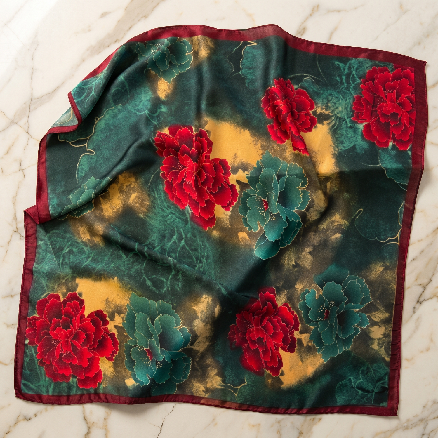 Roselys Paris foulard femme vert rouge fleuri carré satiné 70x70 cm