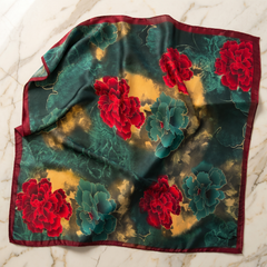 Roselys Paris foulard femme vert rouge fleuri carré satiné 70x70 cm