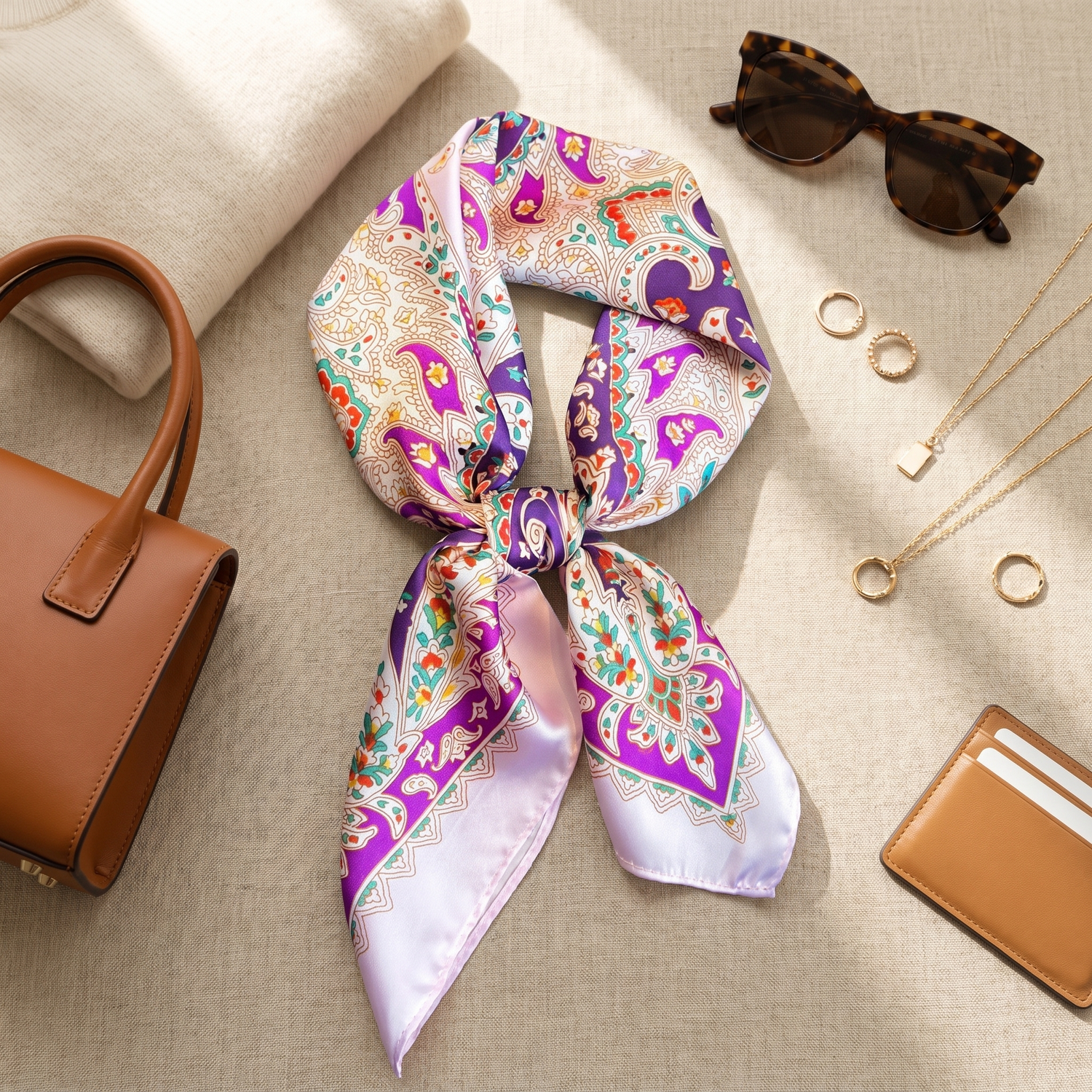 Roselys Paris foulard femme blanc rose fleuri carré satiné 70x70 cm, porté au cou