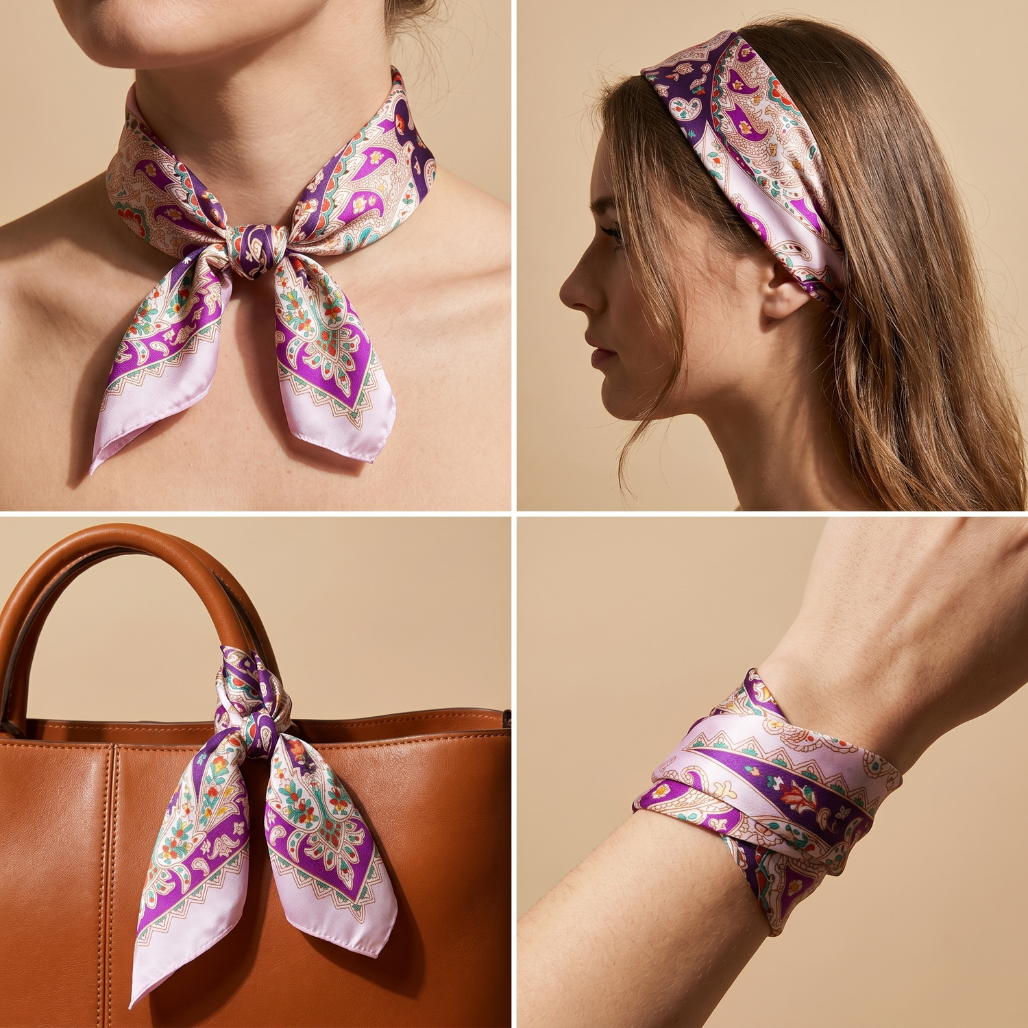 Roselys Paris foulard femme blanc rose fleuri carré satiné 70x70 cm, en bandeau dans les cheveux